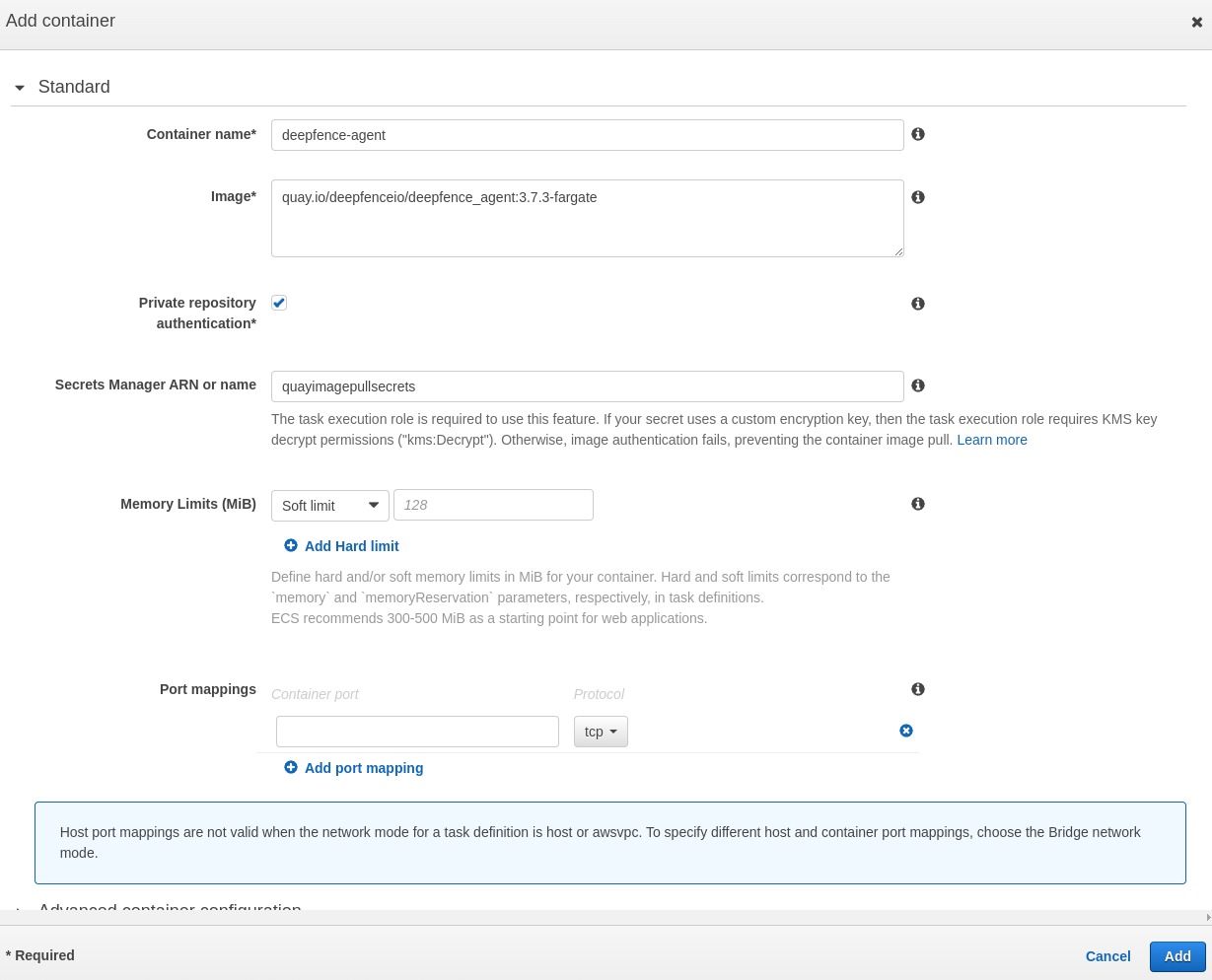 Create the Agent Container inside the Task Definition